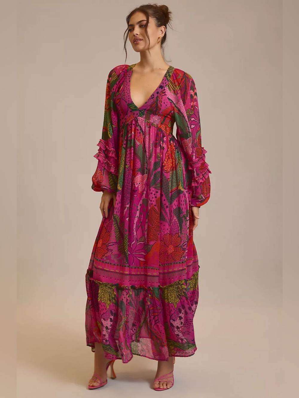 ▪️Farm Rio Long-Sleeve V-Neck Dress Pink Cool Leopards Maxi - Picture 4 of 16